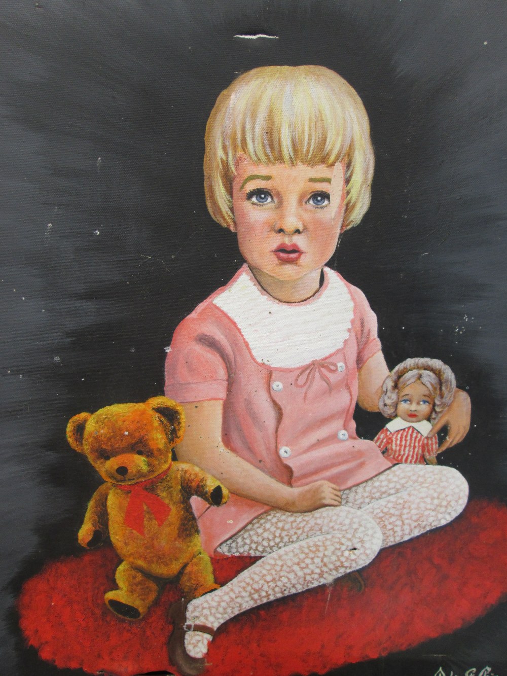 An oil painting, Robin St Clair, girl with doll and teddy, signed and dated 1967