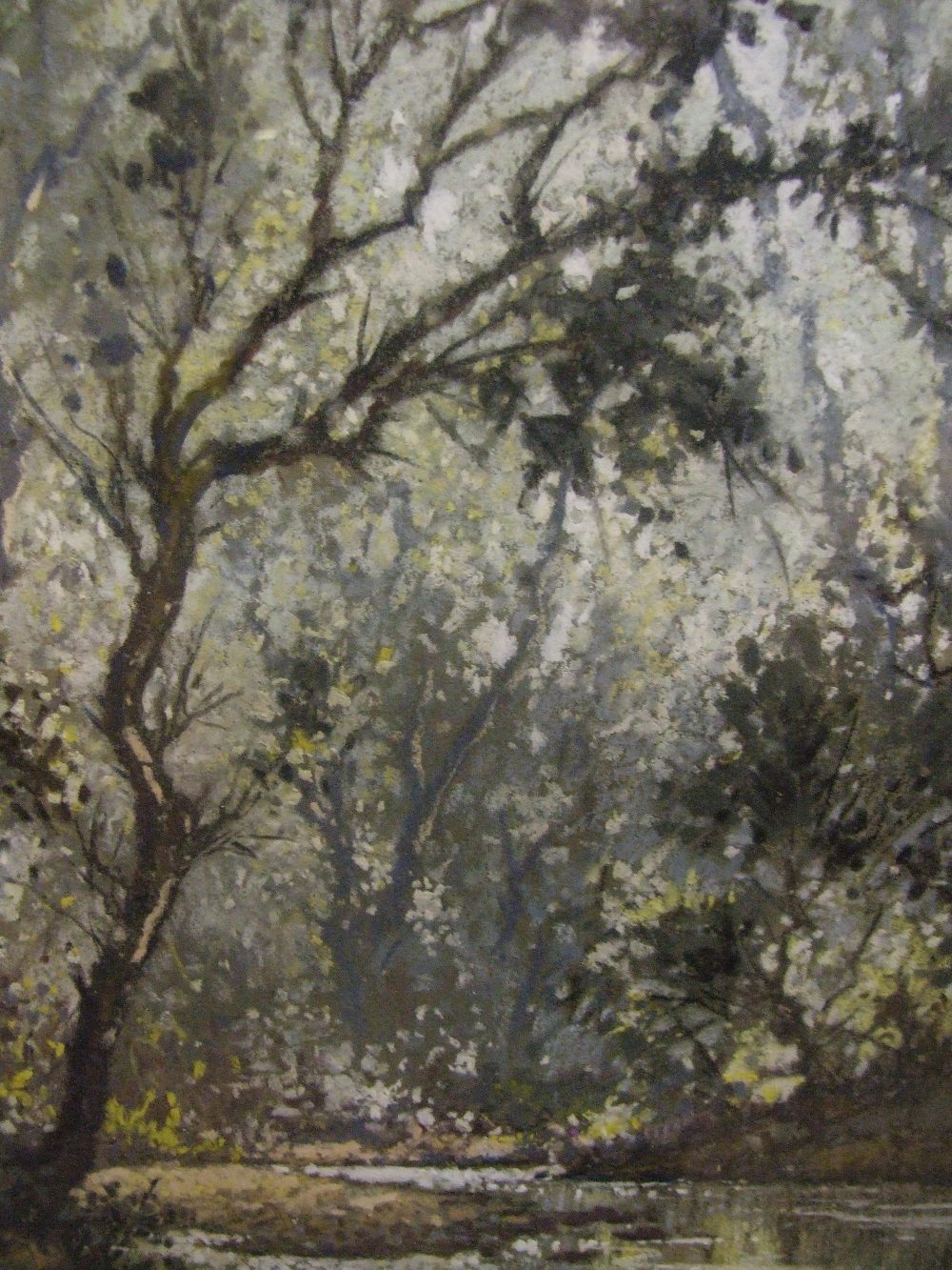 A pastel sketch, R Howey, woodland river landscape, signed