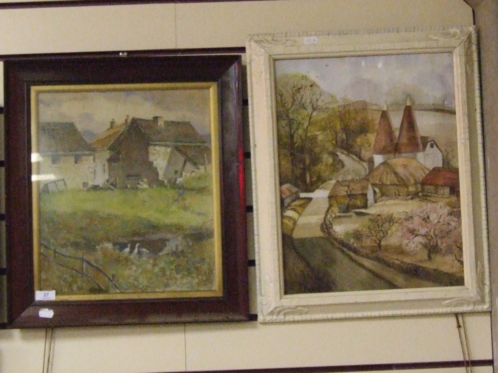 A watercolour R Nesbit, Country Landscape in Hillier Style, signed and dated 1972 and a watercolour,