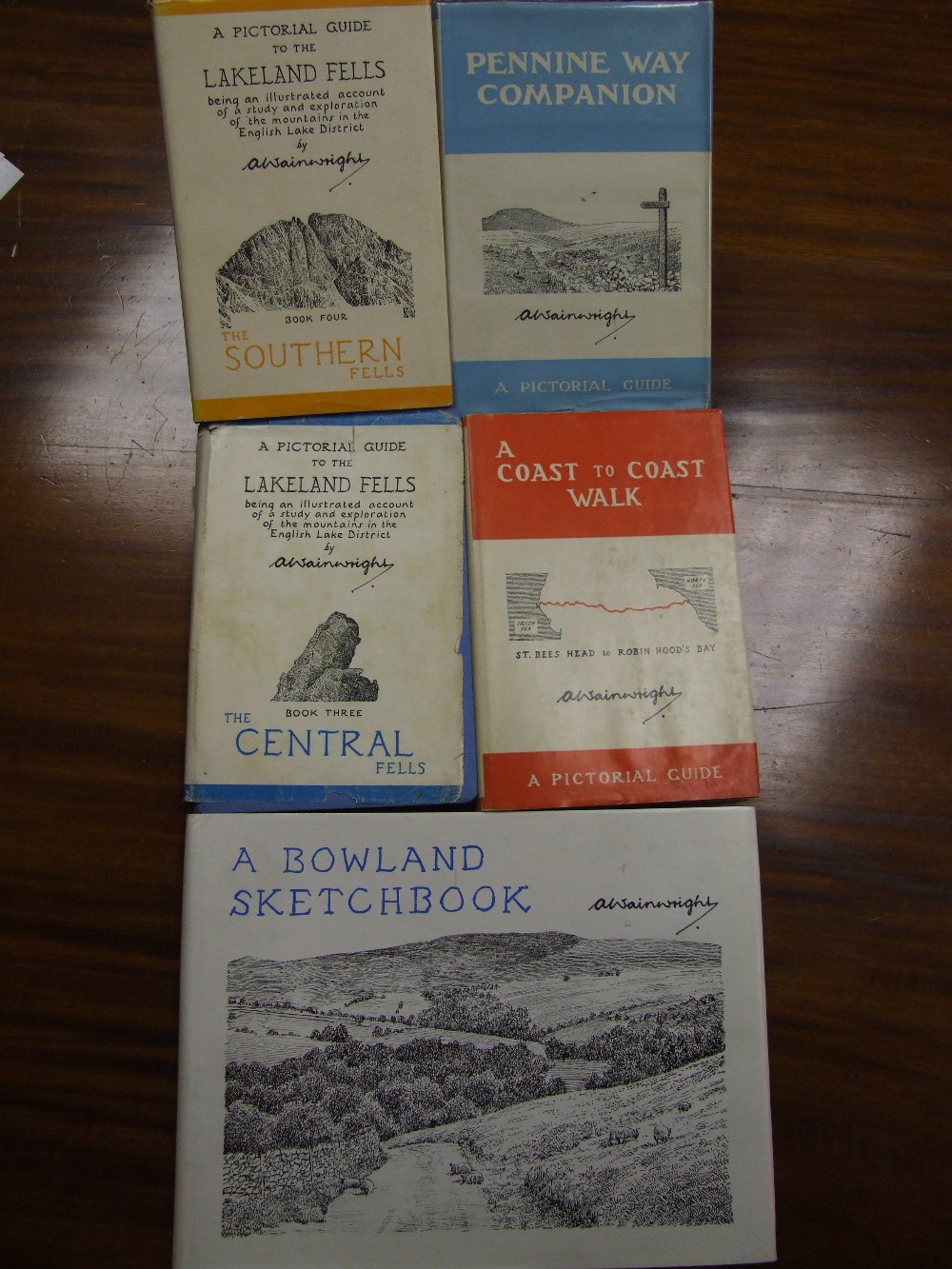 Five volumes, Alfred Wainwright, Bowland Sketchbook, `Pennine Way Companion`, `Coast to Coast