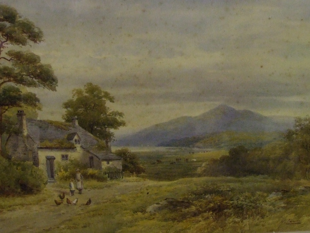 A watercolour Harold Lawes, 19th century country cottage with estuary and mountain, signed