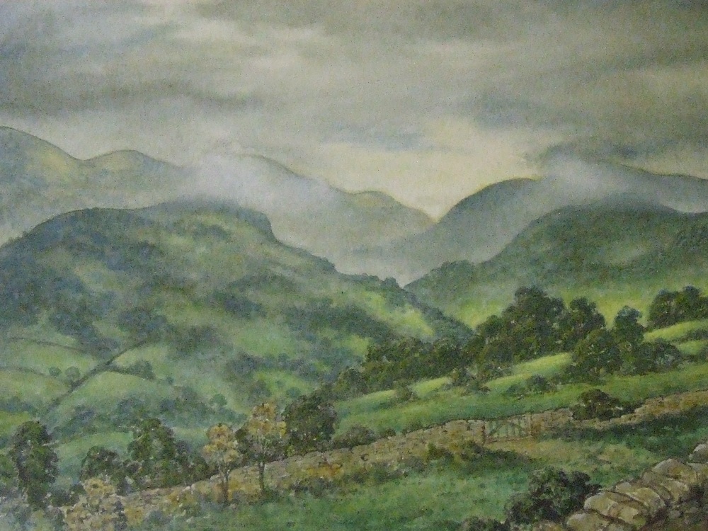 A watercolour S H Barnett, Westmorland scene signed an attributed en verso and a watercolour,