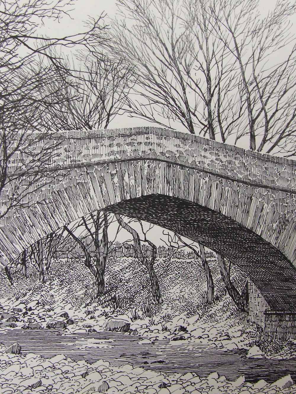 A pen and ink sketch, Alfred Wainwright,The Bridge at Coverham, signed