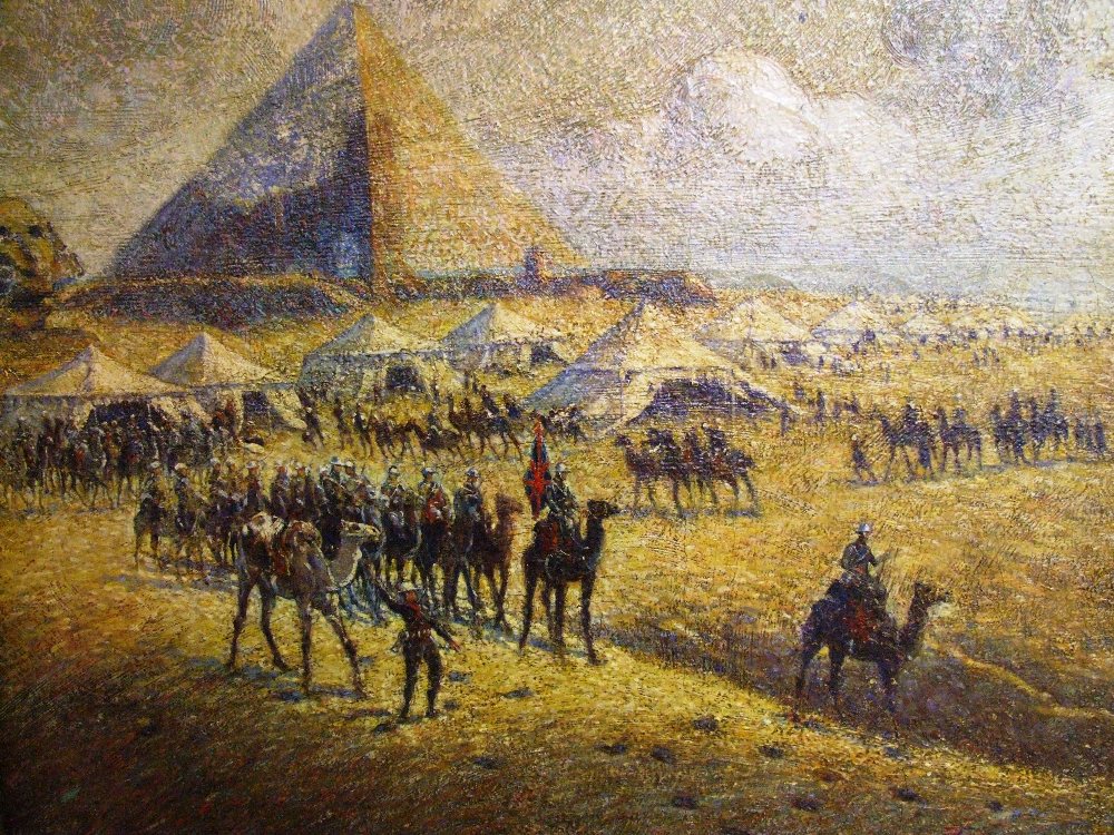 An oil painting, Matteo Lovatti, `Camel Corps at Pyramids`, at Giza, Cairo, Egypt, signed