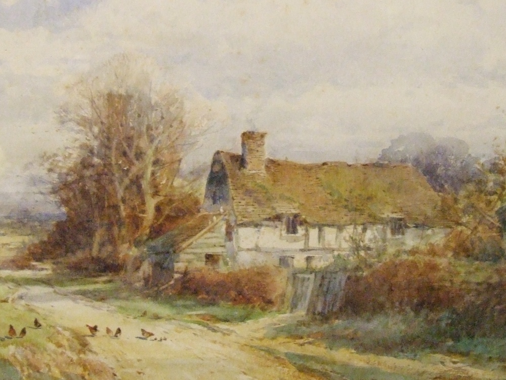 A watercolour, Henry John Sylvester Stannard, country cottage with chickens in lane