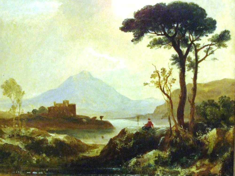 An oil painting attributed to John Thomson of Duddingston, Castle and Scottish Loch view, with