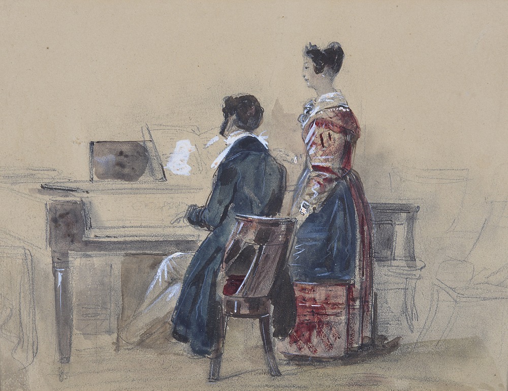 FRENCH SCHOOL, 19TH CENTURY THE RECITAL watercolour heightened with gouache and pencil 16cm x 20.