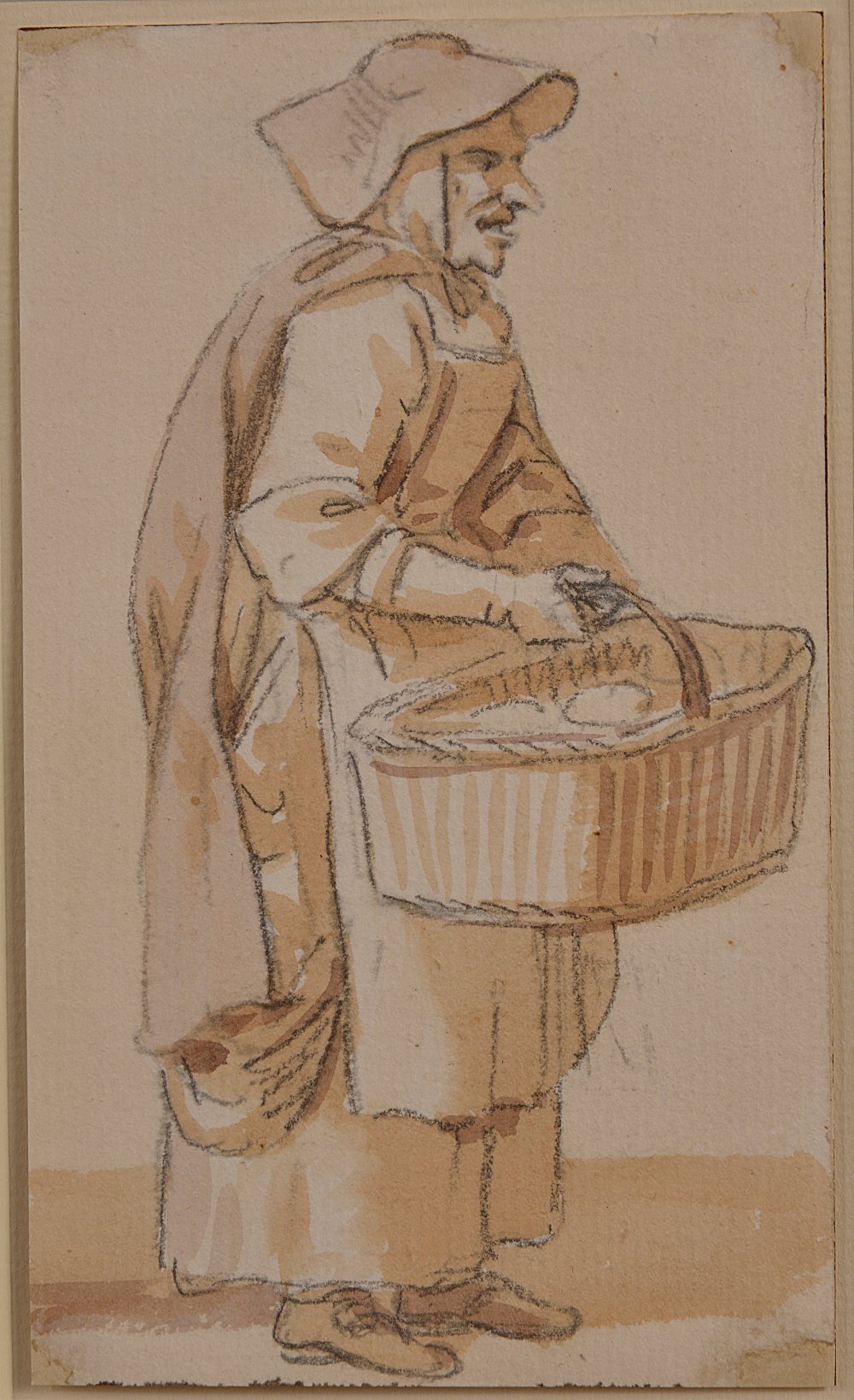 PAUL SANDBY R.A (1731-1809) STUDY OF A WOMAN CARRYING A BASKET brown washes over pencil on laid