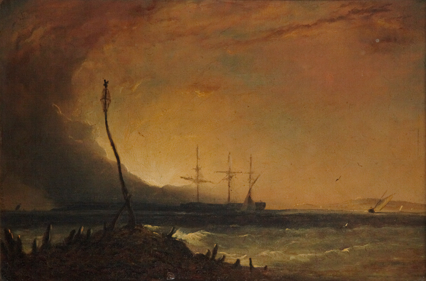 CONTINENTAL SCHOOL, 19TH CENTURY A square-rigged three-masted ship at anchor, at dusk Oil on board