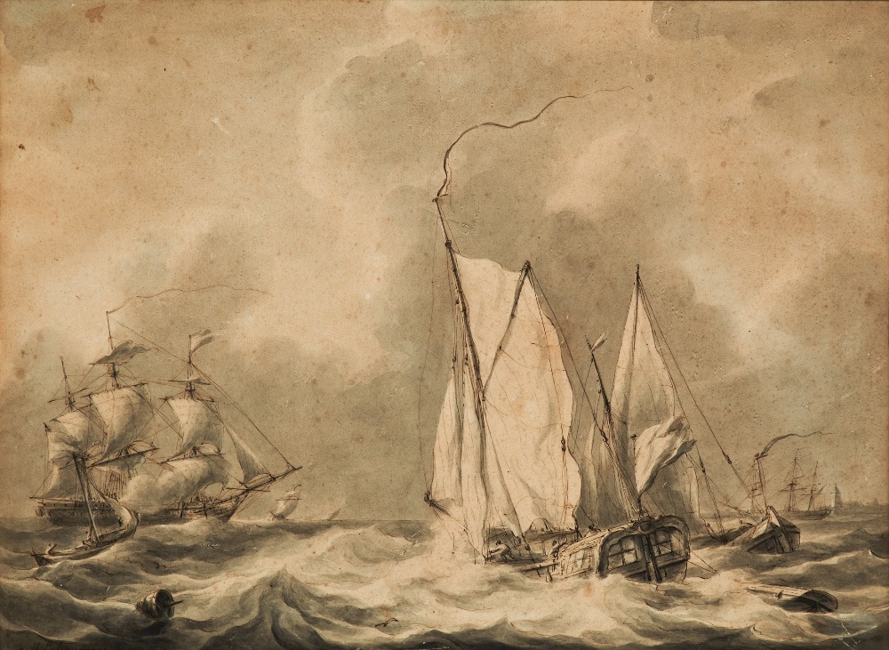 MARTINUS SCHOUMAN (DUTCH, 1770-1848) A YACHT IN A HEAVY SWELL WITH A MAN O` WAR AND FISHING BOATS