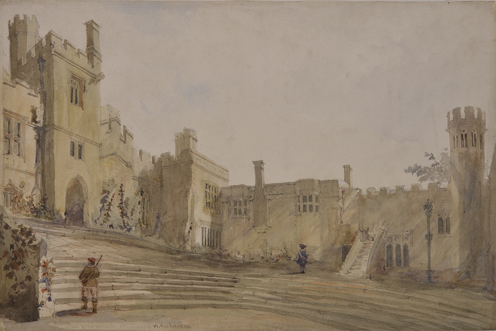 WILLIAM RICHARDSON FL.1842-1877 HADDON HALL, DERBYSHIRE signed and inscribed `OUTER QUADRANGLE AT