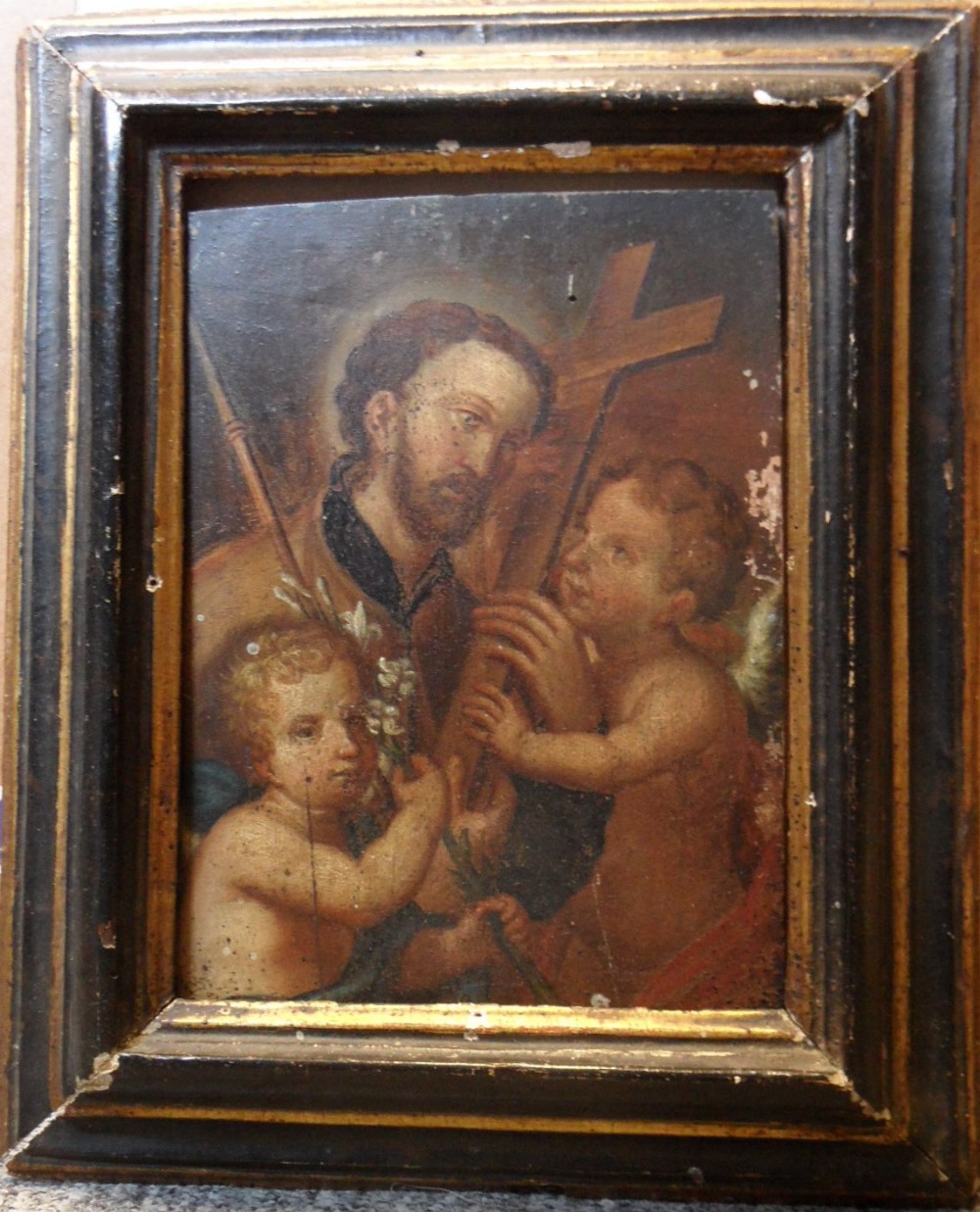 **ITALIAN SCHOOL, 19TH CENTURY ST JOSEPH WITH CHERUBS oil on panel 22.5cm x 16.5cm; 8 3/4in x 6 1/