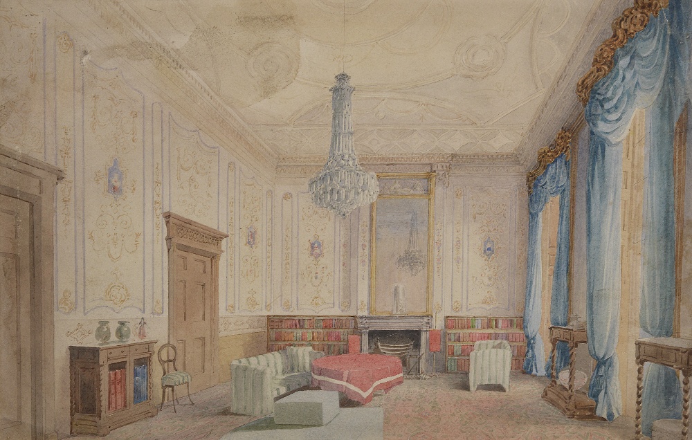 ENGLISH SCHOOL, CIRCA 1870 A DRAWING ROOM INTERIOR watercolour 33.5cm x 53cm; 13 1/4in x 20 3/4in