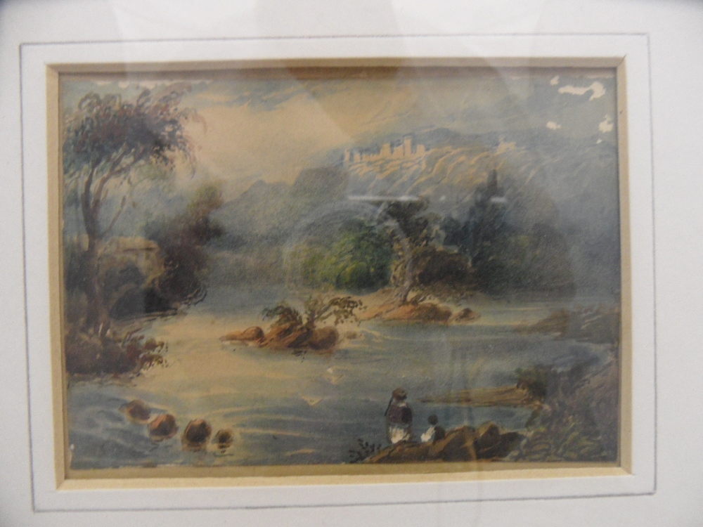 CIRCLE OF WILLIAM PAYNE (CIRCA 1760-1830) LAKE SCENE WITH FIGURES IN THE FOREGROUND AND CASTLE IN