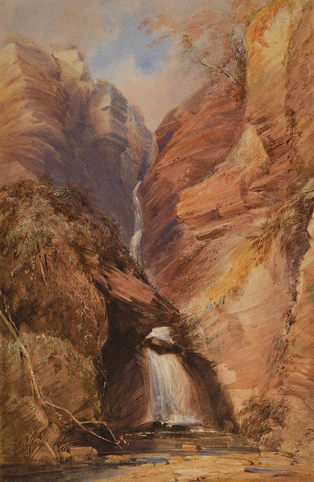 SAMUEL JACKSON (1794-1869) A WATERFALL IN A MOUNTAINOUS LANDSCAPE watercolour with scratching out