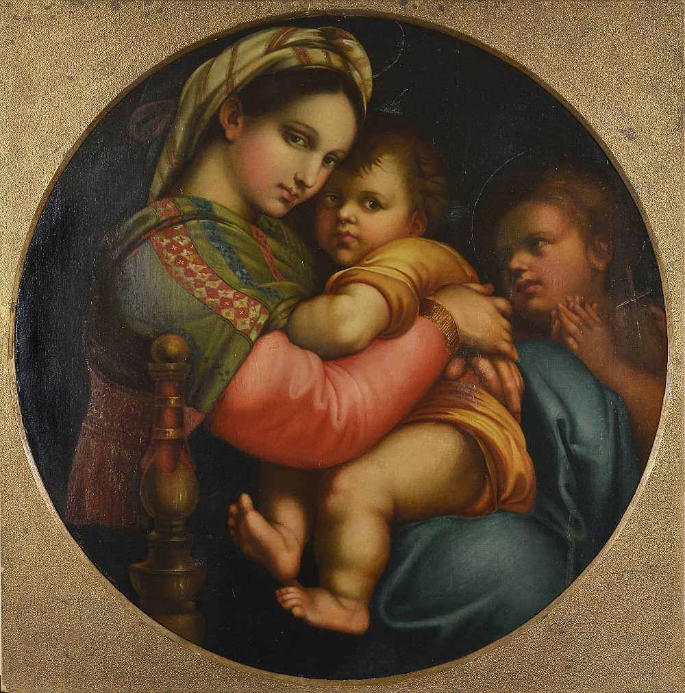 **E. FIERACCINI, AFTER RAPHAEL, LATE 19TH CENTURY VIRGIN AND CHILD TONDO signed and inscribed `copio