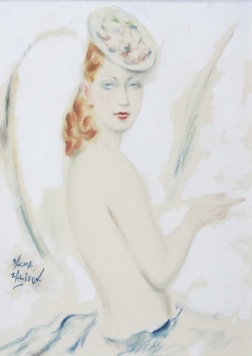 SACHA ZALIOUK (RUSSIAN, 1887-1971) FIGURE OF A LADY IN A HAT signed l.l; watercolour and crayon 28cm