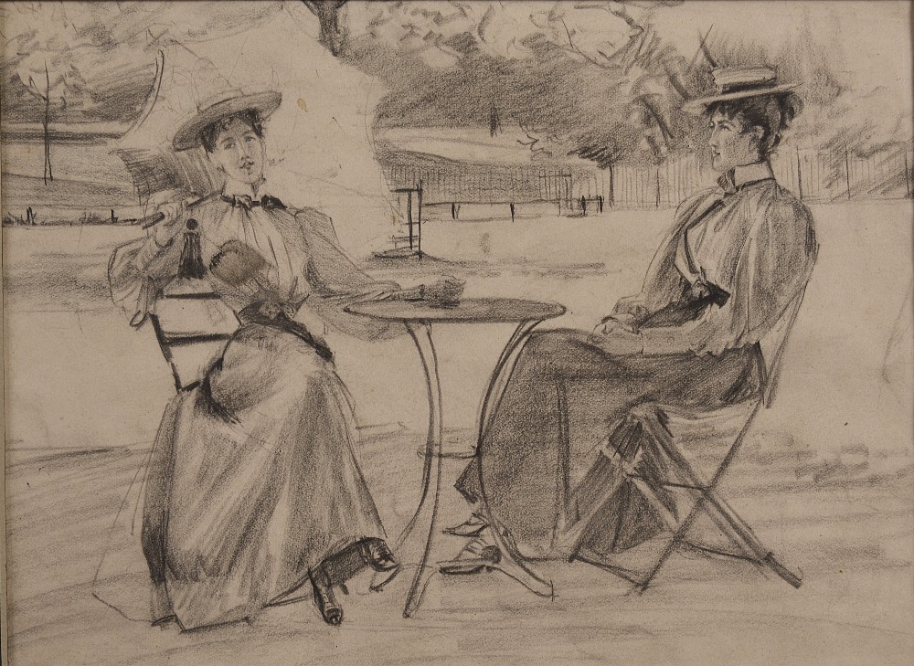 ATTRIBUTED TO HENRI SOMM (FRENCH, 1810-1889) YOUNG LADIES SITTING IN THE PARK pencil 16.5cm x