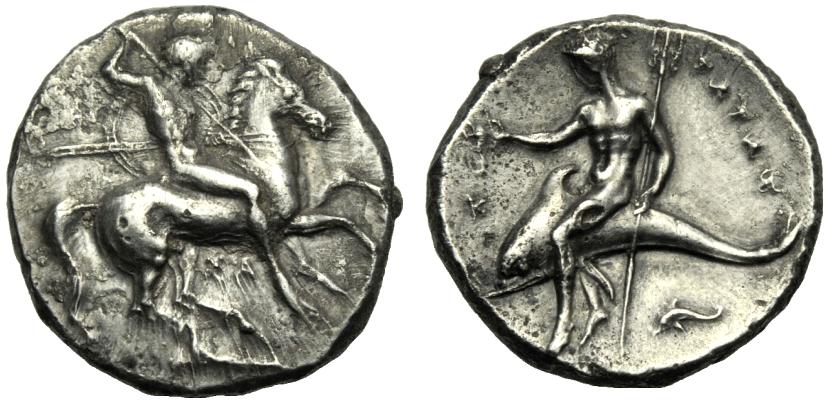 Greek Coinage Apulia, Tarentum, Nomos, c. 332-302 BC; AR (g 7,79; mm 22; h 11); Horseman