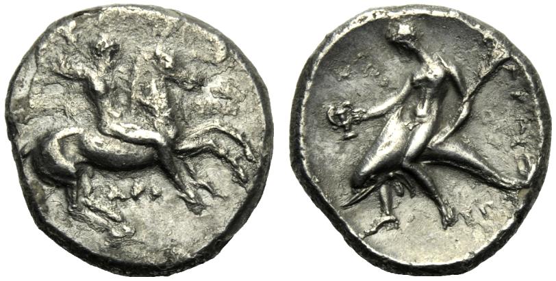 Greek Coinage Apulia, Tarentum, Nomos, c. 332-302 BC; AR (g 7,47; mm 20, h 6); Horseman advancing