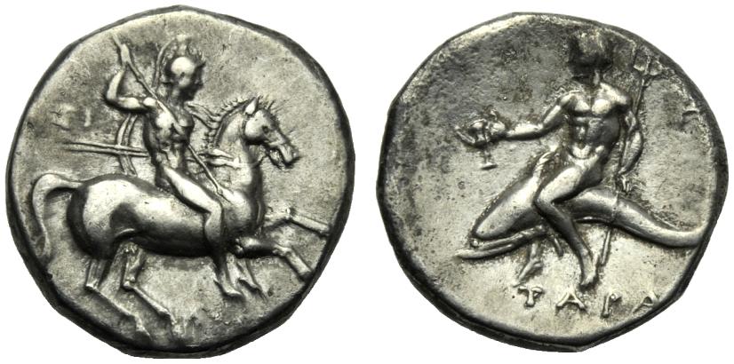 Greek Coinage Apulia, Tarentum, Nomos, c. 280-272 BC; AR (g 6,38; mm 20; h 7); Horseman gallopping