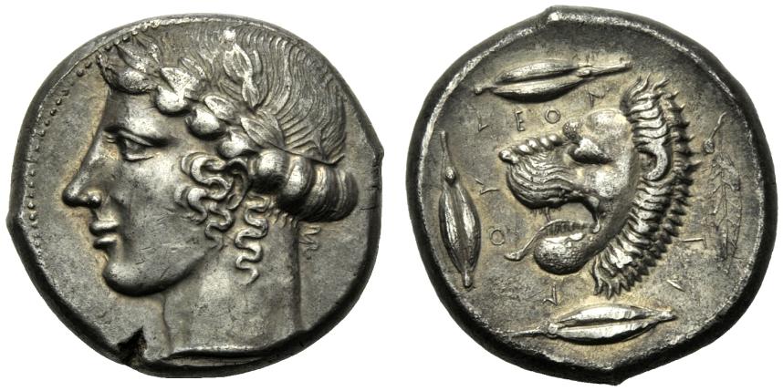 Greek Coinage Sicily, Leontini, Tetradrachm, c. 466-405 BC; AR (g 17,07; mm 24; h 3); Laureate