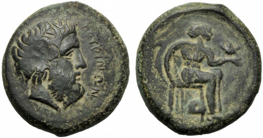 Greek Coinage Sicily, Petra, Litra, c. 344-339 BC; AE (g 29,41; mm 31; h 6); ?ETPINION, laureate