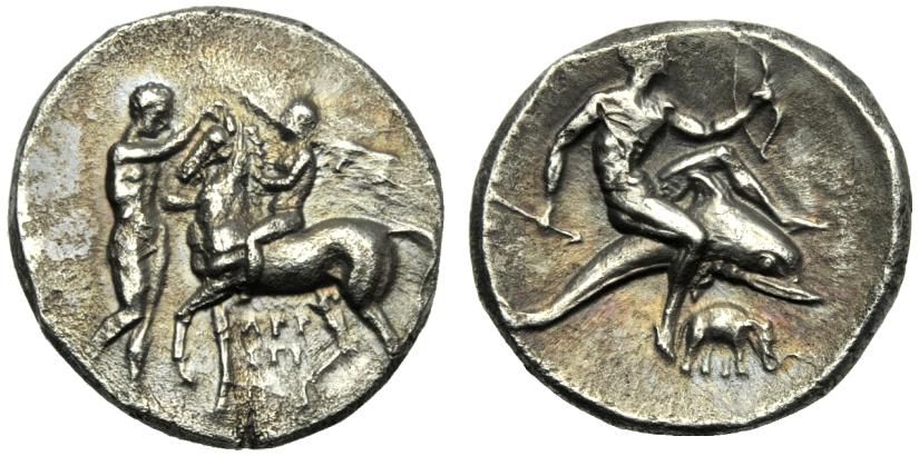 Greek Coinage Apulia, Tarentum, Nomos, c. 280-272 BC; AR (g 6,35; mm 21; h 6); Young riding horse