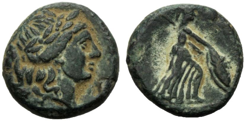 Greek Coinage Sicily, The Mamertinoi, Onkia, c. 220-200 BC; AE (g 2,16; mm 13; h 7); Laureate head