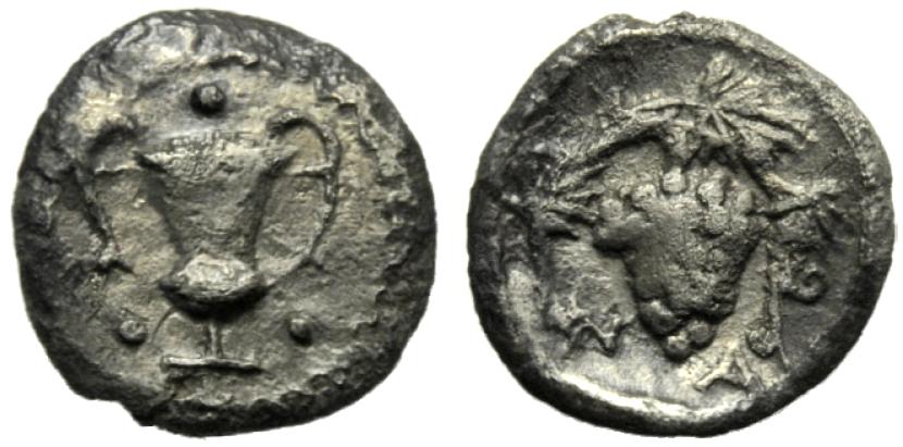 Greek Coinage Sicily, Naxos, Trionkia-Tetras, c. 415 BC; AR (g 0,22; mm 6; h 6); Kantharos, around