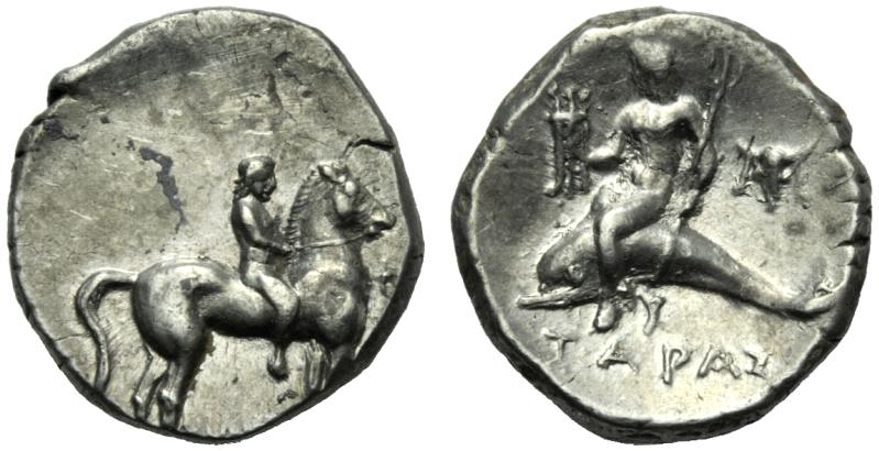 Greek Coinage Apulia, Tarentum, Nomos, c. 272-240 BC; AR (g 6,41; mm 18; h 12); Youn riding horse