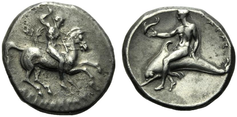 Greek Coinage Apulia, Tarentum, Nomos, c. 302-280 BC; AR (g 7,51; mm 21; h 3); Horseman gallopping