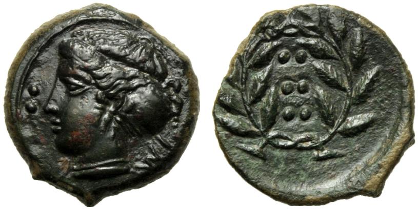 Greek Coinage Sicily, Himera, Hemilitron, c. 420-407 BC; AE (g 3,02; mm 16; h 1); IME, head of nimph