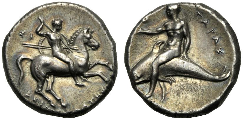 Greek Coinage Apulia, Tarentum, Nomos, c. 302-280 BC; AR (g 7,72; mm 20; h 2); Horseman gallopping