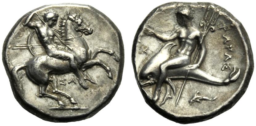 Greek Coinage Apulia Tarentum, Nomos, c. 332-300 BC; AR (g 7,82; mm 21; h 3); Horseman advancing r.,