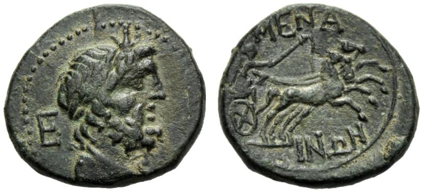 Greek Coinage Sicily, Menainon, Bronze, c. 200-100 BC; AE (g 4,07; mm 16; h 12); Laureate bust of