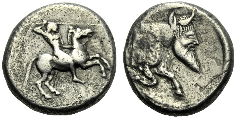 Greek Coinage Sicily, Gela, Didrachm, c. 425-420 BC; AR (g 8,21; mm 18; h 4); Horseman gallopping
