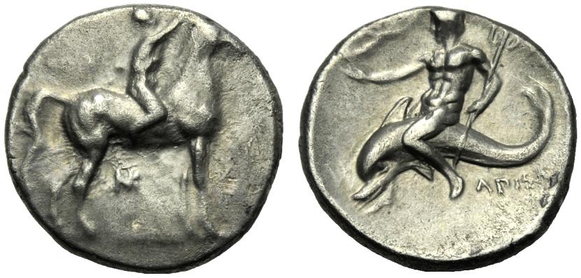 Greek Coinage Apulia, Tarentum, Nomos, c. 280-272 BC; AR (g 6,36; mm 24; h 6); Nude young riding r.,