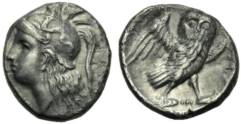 Greek Coinage Apulia, Tarentum, Drachm, c. 280-272 BC; AR (g 3,13; mm 16; h 9); Head of Athena l.,