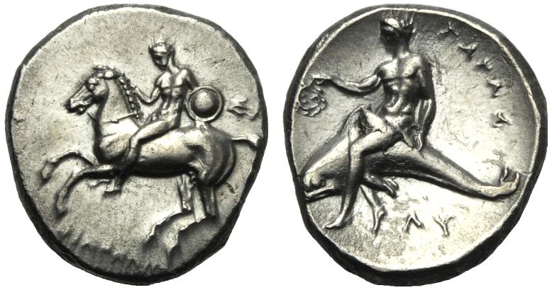 Greek Coinage Apulia, Tarentum, Nomos, c. 302-280 BC; AR (g 7,65; mm 21; h 12); Horseman