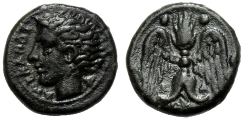 Greek Coinage Sicily, Katane, Tetras, c. 405-405 BC; AE (g 1,81; mm 12; h 8); Head of river-god l.