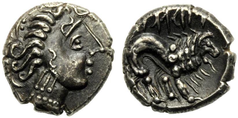 Celtic Coinage Gallia, Drachm, c. II-I cen. BC; AR (g 2,46; mm 13; h 3); Diademed head of nimph