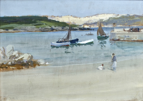 James Humbert Craig RHA RUA (1878-1944)
Boats in Harbour, with Children Playing on the Beach
Oil