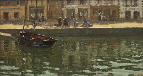 William John Leech RHA (1881-1968)
"A French Quayside"
Oil on canvas, 44.5 x 80.5cm (17Â½ x 31Â¾")