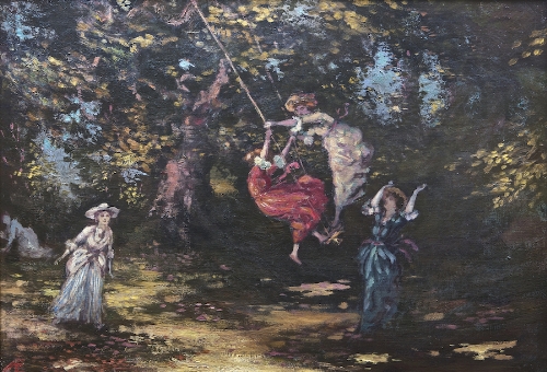 George Russell (Ã†) (1867-1935) 
The Swing in the Woods
Oil on canvas, 44.5 x 65cm (17Â½ x 25Â½")