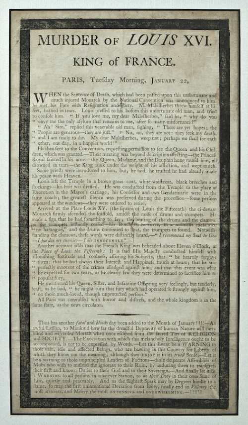 A FRAMED PAMPHLET DESCRIBING THE MURDER OF LOUIS XVI King of France, Paris Tuesday morning January