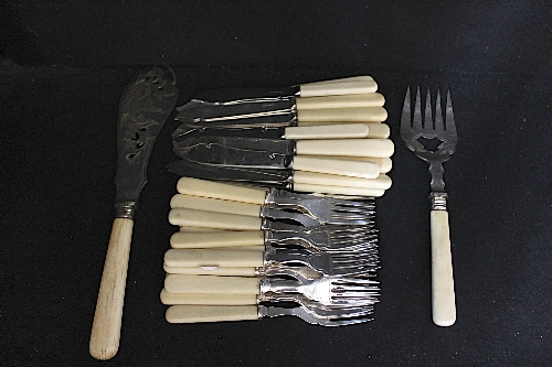 A PAIR OF BONE HANDLE FISH SERVERS  and a collection of bone handle fish knives and forks