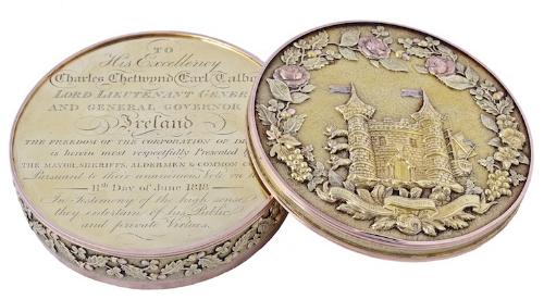 AN IMPORTANT GEORGE III IRISH VARI-COLOURED GOLD INLAID SILVER-GILT FREEDOM BOX AND COVER
DUBLIN,
