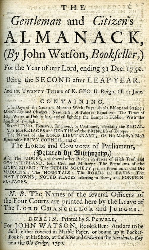 WATSON
The Gentlemen and Citizen's Almanack, Dublin 1750, antique calf - the Royal Kalender,