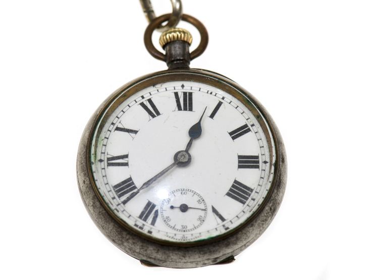 A VINTAGE OMEGA GUN METAL FOB WATCH, the white enamel dial with Roman numerals and subsidiary